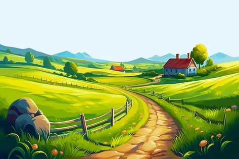 Vector illustration of green country sid... | Premium Vector #Freepik #vector #farm-illustration #barn #farm-landscape #agriculture-illustration Country Side Illustration, Cartoon Farm Background, Farm Vector Illustration, Country Side Landscape, Agriculture Illustration, Barn Illustration, Land Illustration, Farm Background, Farm Illustration