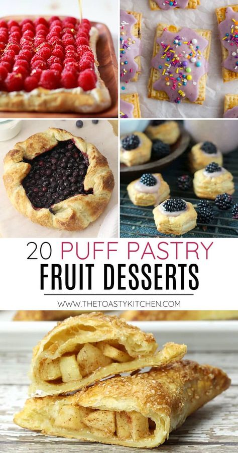 20 puff pastry fruit desserts, a recipe roundup by The Toasty Kitchen. Today I'm sharing 20 puff pastry fruit desserts that are easy to make in your own home kitchen. Keep a box of frozen puff pastry on hand at all times for these quick and easy homemade treats! #puffpastry #puffpastryfruitdesserts #fruitdesserts #apple #Berry #tart #galette #turnovers #recipes #reciperoundup Easy Desserts Puff Pastry, Fruit Puff Pastry Recipes, Dessert Using Puff Pastry, Puff Pastry Filling Ideas Sweet, Puffed Pastry Desserts Simple, Using Puff Pastry, Puff Pastry Fruit, Puff Pastry Kids Recipes, Puff Pastry Pudding Dessert