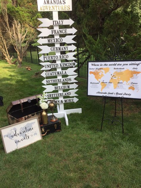 Graduation Party Seating, Party Seating Chart, Reception Poster, Backyard Graduation Party, Gold World Map, Moms 50th Birthday, Senior Graduation Party, Party Seating, Travel Party Theme