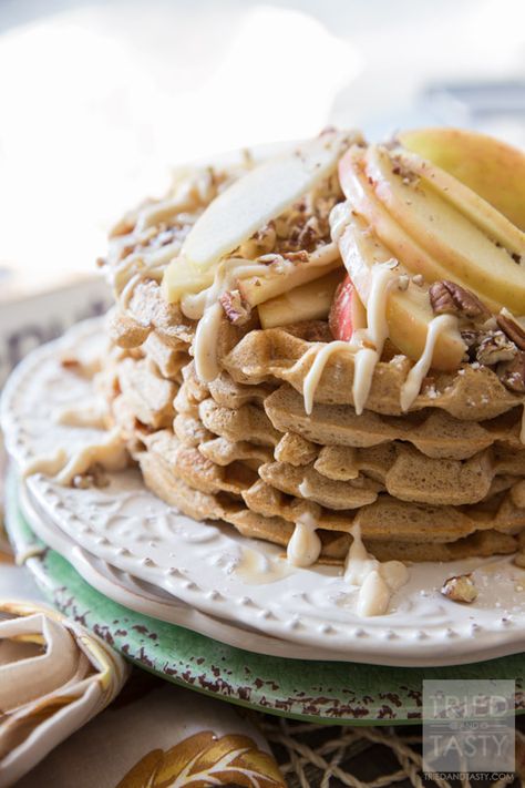 Whole Wheat Apple Pie Waffles // Looking to amp up your nutrition in the morning? These whole wheat waffles have a secret ingredient that packs them with protein! They are easy, delicious, and a great way to start your morning! | Tried and Tasty Wheat Waffles, Wheat Free Waffles, Whole Wheat Waffle Recipe Healthy, Apple Cinnamon Waffles Healthy, Whole Wheat Protein Waffles, Whole Wheat Waffles, Apples And Cheese, Morning Food, Donut Recipes