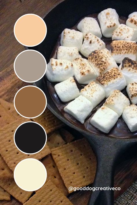 Summer nights + Campfire = SMORES! Loving this YUM inspired neutral palette of marshmallow, graham cookie  & chocolate. Perfect for a new home builder,  author, organizer or lawyer. S’mores Photoshoot, S’mores Themed Gender Reveal, S'more Combinations, S’mores Packages, Simple S’mores Cookies, Campfire Smores, Graham Cookies, Summer Color Palettes, New Home Builders