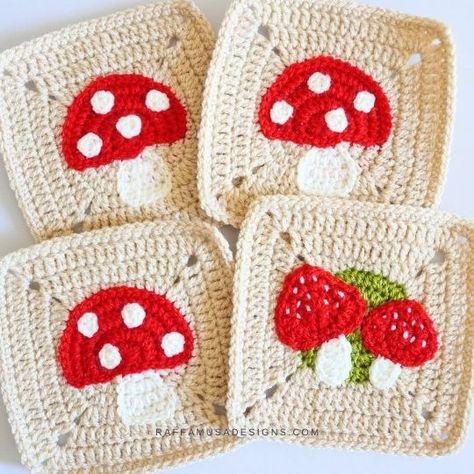 Crochet Mushroom Appliques – Free Pattern in 2 Sizes! • RaffamusaDesigns Crochet Mushroom Garland Free Pattern, Mushroom Crochet Grid, Mushroom Afghan, Mushroom Crochet Ideas, How To Crochet A Mushroom, Mushroom Applique Pattern, Mushroom Amigurumi Free Pattern, Crochet Mushroom Applique, Crochet Fall Blanket