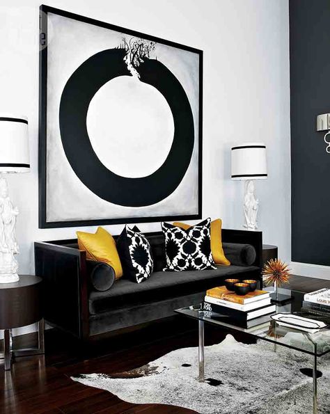 Yellow Accent Pillows, Black And White Living Room, Black Living Room, Design Salon, Black And White Decor, Hotel Interiors, White Living, White Living Room, Black Sofa