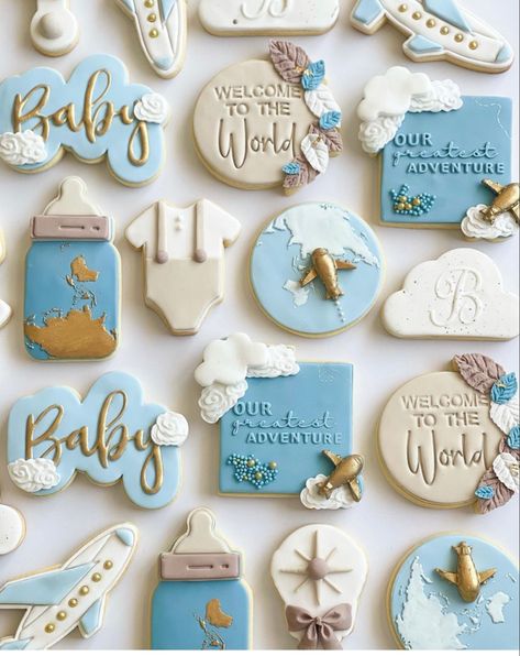 The Adventure Awaits Baby Shower Theme, Adventure Awaits Baby Shower Ideas Boy, Travel Gender Reveal, Travel Theme Desserts, Welcome To The World Party, Traveling Baby Shower Theme, Adventure Begins Baby Shower Ideas, Travel Theme Gender Reveal Ideas, Travel Themed Gender Reveal