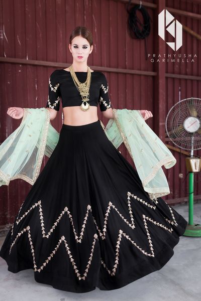 Light Lehengas - Black Lehenga with Powder Blue Net Dupatta | WedMeGood | Black Lehenga with Gotta Work, High Neck Blouse and Powder Blue Net Dupatta  #wedmegood #indianbride #indianwedding #lehenga #bridal #lightlehenga #vlack #blue Black And Gold Lehenga, डिजाइनर कपड़े, Lehenga Crop Top, Indian Outfits Lehenga, Lehnga Dress, Choli Designs, Indian Gowns Dresses, Indian Lehenga, Ghagra Choli