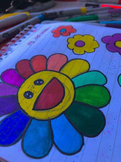 Smiley Flower Drawing, Flowers With Faces Drawing Trippy, Rainbow Flower Drawing, Rainbow Flower Painting, Trippy Flowers, Indie Room Inspo, Makeover Bedroom, Flowers Colorful, Rainbow Flower