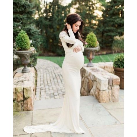 Cream Jersey Long Sleeves Slim Fit Maternity Gown Maternity Dress... ($135) ❤ liked on Polyvore featuring maternity, dresses, white and women's clothing Maternity Wedding Gown, Fitted Maternity Gown, Black Dress Long Sleeve, Black Dress Long, Mom Wedding Dress, Pregnant Bride, Maternity Wedding, Shower Outfits, Pregnant Wedding