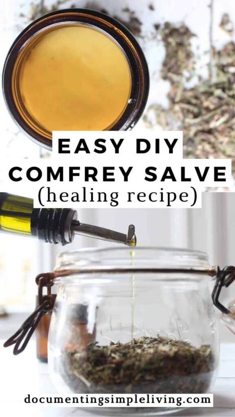 This comfrey salve recipe makes a great addition to your herbal medicine cabinet. This herbal salve uses only a handful of simple ingredients and helps to heal minor wounds and skin irritations. Diy Wound Healing Salve, Comfrey Infused Oil, Marigold Salve Recipe, Lavender Salve Recipe, Healing Salve Recipe Diy, Comfrey Salve Recipe, Drawing Salve Recipe, Homemade Healing Salve, Herbal Salve Recipes