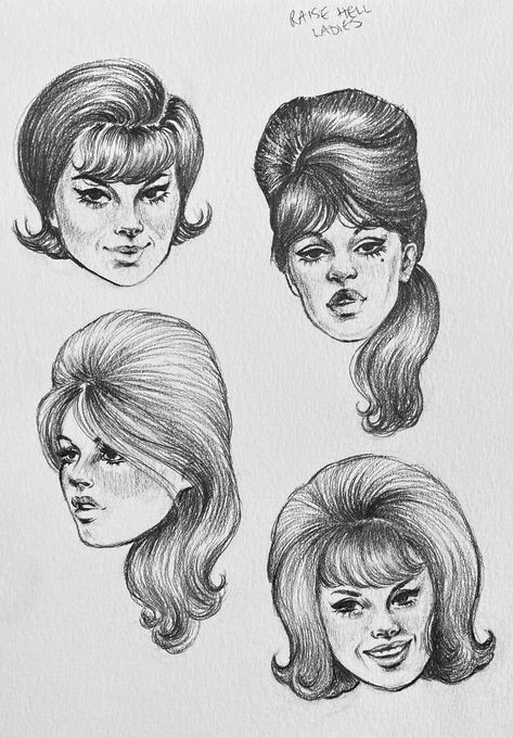 60s Female Hairstyles, Marilyn Monroe Hair Drawing, Vintage Hairstyles Drawing, 1960s Fashion Drawing, 60s Hair Drawing, 70s Hair Drawing, 1960s Drawing, Comic Hair, Cabelo Pin Up