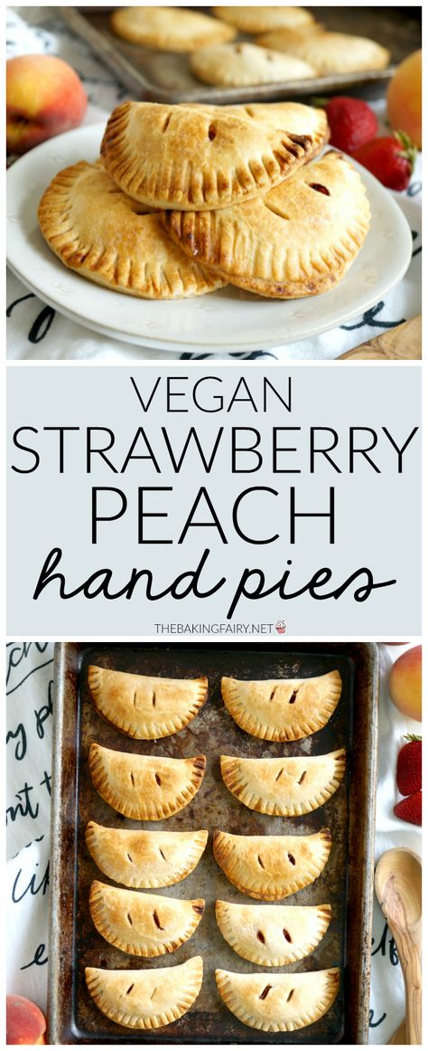 vegan strawberry peach hand pies | The Baking Fairy Fruit Hand Pies, Peach Hand Pies, Vegan Peach, Hand Pie Recipes, Vegan Baking Recipes, Christmas Recipes Appetizers, Vegan Pie, Pie Crusts, Fruit Filling