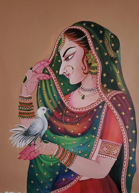 Traditional Women Painting, Bani Thani Painting, Rajasthani Painting, Mughal Art Paintings, Rajasthani Art, Kerala Mural Painting, Bird Canvas, Tanjore Painting, Female Art Painting