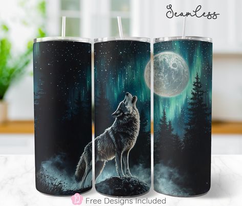 Wolf Tumbler Wrap, 20oz Skinny Tumbler Seamless, Aurora Borealis Full Moon Tumbler Wrap Template, Tumbler Wrap Designs, DIGITAL ONLY by ShopThatCreativeNerd on Etsy Wolf Tumbler, Tumbler Wrap Template, Tumbler Wrap Designs, Free Tumbler, Custom Tumblers, Aurora Borealis, Tumbler Designs, Tumbler Wrap, Creative Projects