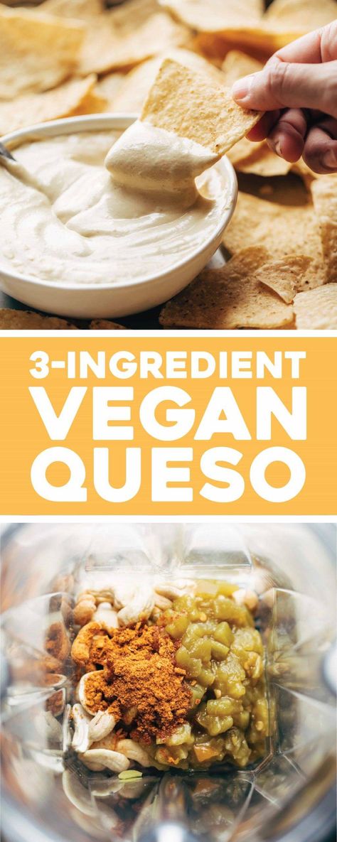 3 Ingredient Vegan Queso - SO delicious and creamy with no frills, no fuss, no hard-to-find ingredients! Just cashews, taco spices, and green chiles. #veganqueso #vegan #queso | pinchofyum.com Taco Spices, Vegan Quesadilla, Vegetarian Eating, Pinch Of Yum, Vegan Queso, Yummy Salads, Vegan Dip, Food Pasta, Green Chiles