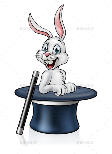 A cartoon white rabbit coming out of a magic hat with a magicians wand Houdini Poster, Magician Rabbit, Magician Wand, Rabbit In A Hat, Magic Tricks For Kids, Tears Art, Magic Tattoo, Magic Hat, Circus Tent