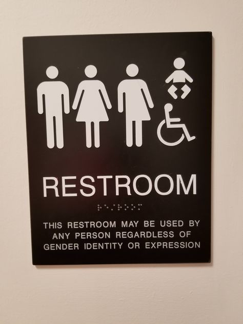 This bathroom sign is gender-neutral Gender Neutral Toilet Signs, English Apartment, Gender Neutral Bathroom Signs, Museum Graphics, Neutral Bathrooms, Gender Neutral Bathrooms, Gender Neutral Bathroom, Unisex Bathroom Sign, Bathroom Etiquette