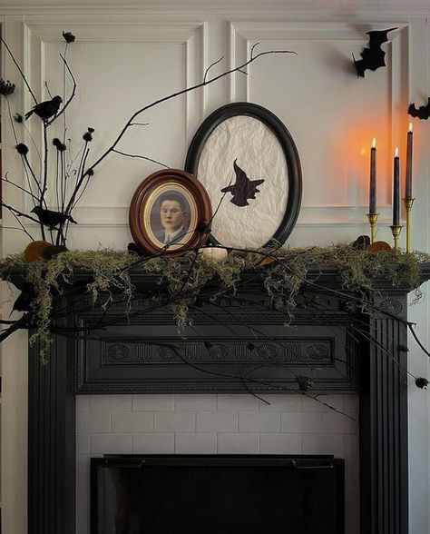 Top 10 Halloween Mantels Spanish Moss Halloween Decor, Wizard Halloween Decorations, Apartment Door Decor Entrance Halloween, Halloween Wall Shelf Decor, Crate And Barrel Halloween Decor, Halloween Staircase Decor Railings, Halloween Decor Simple, Diy Halloween Wall Art, Dark Academia Halloween Decor