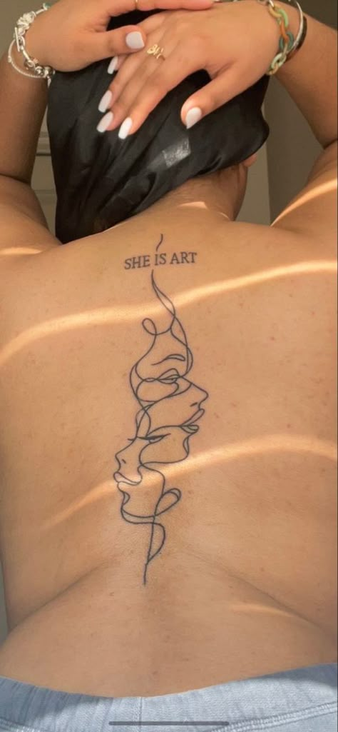 Two Face Spine Tattoo, Divine Feminine Back Tattoo, Spin Tattoo Ideas, Spinal Tattoo Women Ideas, Spinal Tattoo Women, Tato Minimal, Hidden Tattoos, Inspiration Tattoos, Spine Tattoos For Women