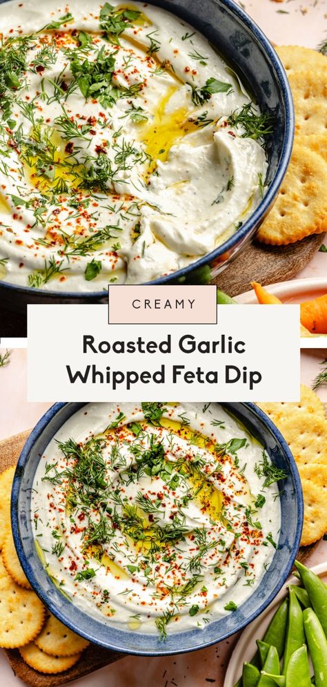 Creamy garlic feta dip made with a whole head of roasted garlic, protein-packed Greek yogurt, fresh lemon juice, and feta cheese. You'll love the savory, salty, tangy flavors whipped together in this easy garlic feta dip! Top with fresh herbs and serve with veggies, crackers, and more. Roasted Tomato And Feta Dip, Whipped Feta Dip Thanksgiving, How To Make Whipped Feta, Marinated Feta Cheese, Garlic Whipped Feta, Truffle Dip, Garlic Feta Dip, Baked Feta Dip, Feta Cheese Dip