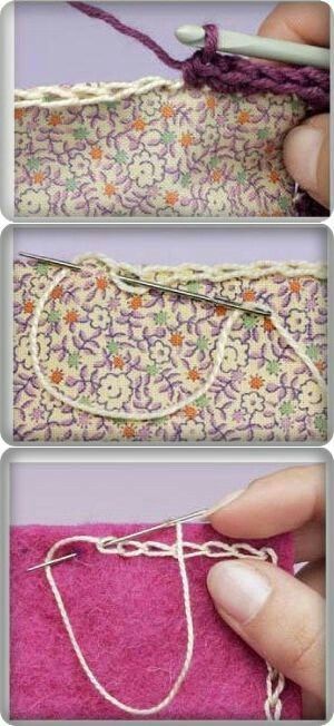 How to edge fabric w/ crochet. (pictures only) Crochet Into Fabric, Crochet On Fabric, Starting Crochet, Diy Stitch, Sew Ins, Crochet Quilt, Crochet Fabric, Crochet Borders, Crochet Edging