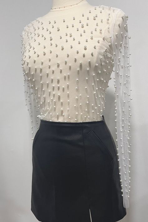 Pearl Overlay Top, Net Top Design, Pearl Top Outfit, Pearl Mesh Top, Pearl Clothes, Duchess Swan, Pearl Crop Top, Pearl Shirt, Rhinestone Blouse