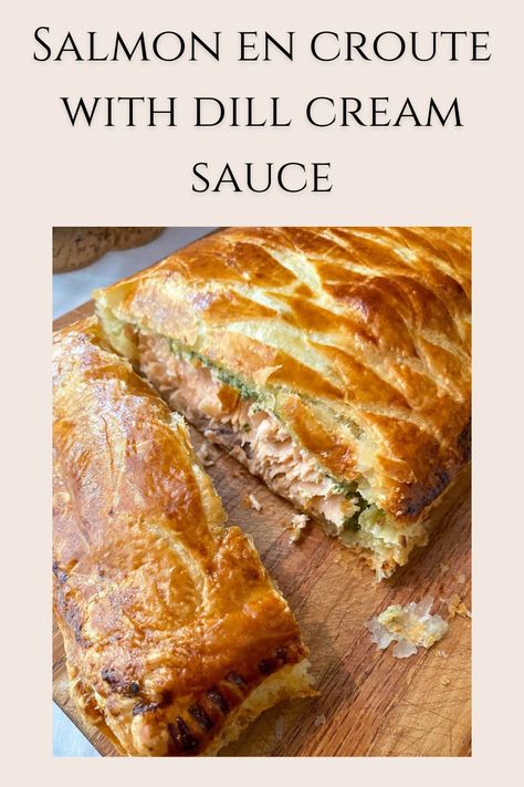 Salmon En Croute Recipe Jamie Oliver, Salmon En Croute Recipe Gordon Ramsay, Salmon Wellington With Dill Sauce, Salmon In Puff Pastry Recipes, Salmon Wellington Recipe Puff Pastries, Salmon Oven Recipes, Salmon Dinner Party, Salmon In Pastry, Crescent Dough Sheet Recipes