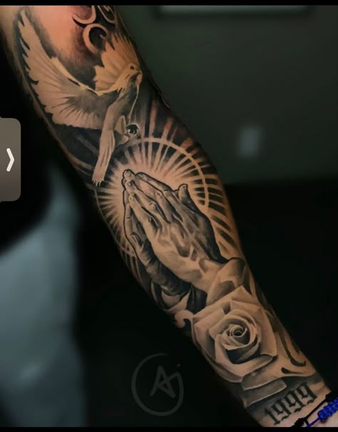 Praying Hands Tattoo Realism, Tattoo Scriptures Men, Praying Hands Tattoo Forearm, Praying Hands Tattoo For Men Forearm, In Memory Sleeve Tattoos For Women, Mens Inner Arm Tattoo Ideas, God Related Tattoos Forearm, God Half Sleeve Tattoo, God Tattoos For Men Arm