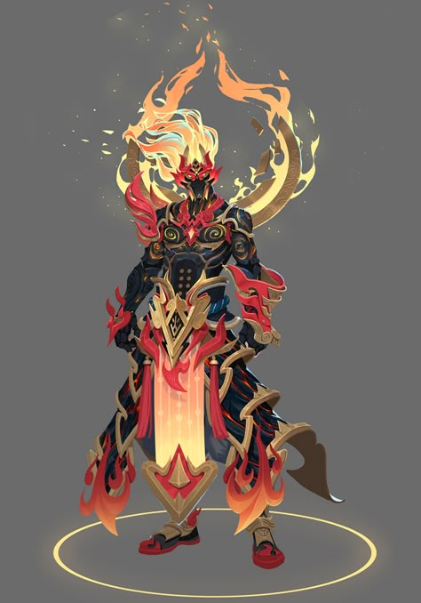 Fire Beast Art, Air Spirit Character Design, Fire Characters Design, Fantasy Spirit Art, Fire God Character Design, Fire Monster Concept Art, Dnd Fire Elemental, Wildfire Spirit Dnd, Fire Armor Concept Art