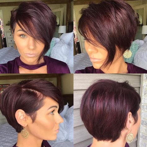 Burgundy Pixie Cut Asymmetrical Pixie Haircut, Asymmetrical Pixie Cuts, Pixie Bob Haircut, Asymmetrical Hairstyles, Hair Styles 2017, Bob Haircuts For Women, Short Bob Haircuts, Penteado Cabelo Curto, Pixie Bob