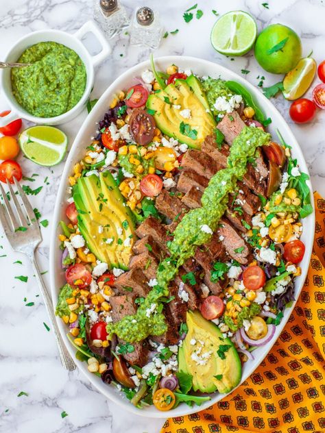 Grilled Flank Steak Salad with Corn (video) - Tatyanas Everyday Food Steak Salad Recipes, Flank Steak Salad, Steak Salad Recipe, Grilled Steak Salad, Corn Avocado, Grilled Flank Steak, Best Pasta Salad, Chimichurri Sauce, Steak Salad