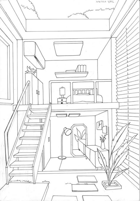 1point Perspective Drawing Room, Drawings Of Rooms, Room Drawings Sketches, Bedroom Drawing Sketches, Floor Drawing, Interior Design Sketchbook, Room Drawing, Architecture Drawing Plan, Drawing Interior