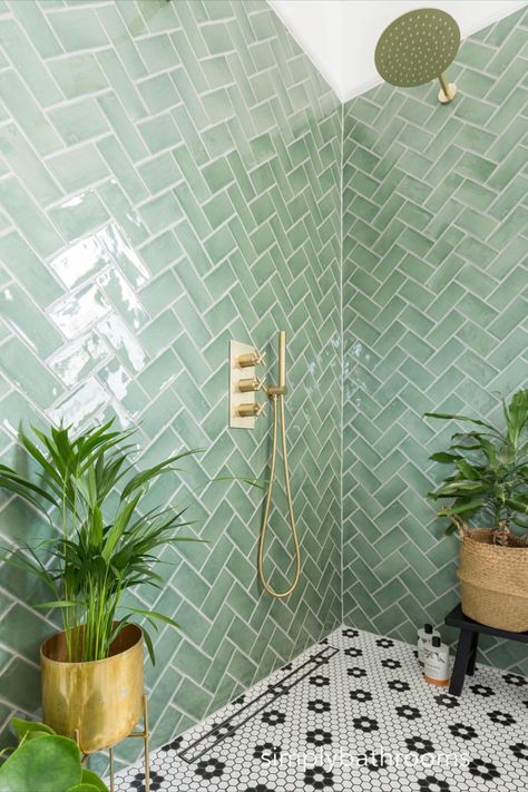 Embrace mixed colour combinations in the bathroom by pairing modern brassware with bright pops of colour, the result is truly inspirational. Credit: Simply Bathrooms Ltd Sage And Brass Bathroom, Jade Bathroom Tiles, Green Gold And Wood Bathroom, Small Gold Bathroom, Green Bathroom Gold Fixtures, Brass Taps Bathroom, Brass And Green Bathroom, Green Brass Bathroom, Gold Taps Bathroom