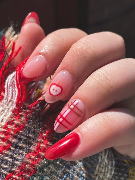 red French tips with an apple and plaid designs, perfect for September, fairs, early fall, and teachers on short almond tips. Almond Tips, Apple Nails, Red French Tips, Fall Candy, Red French, Plaid Nails, Short Almond, French Tips, Candy Apple