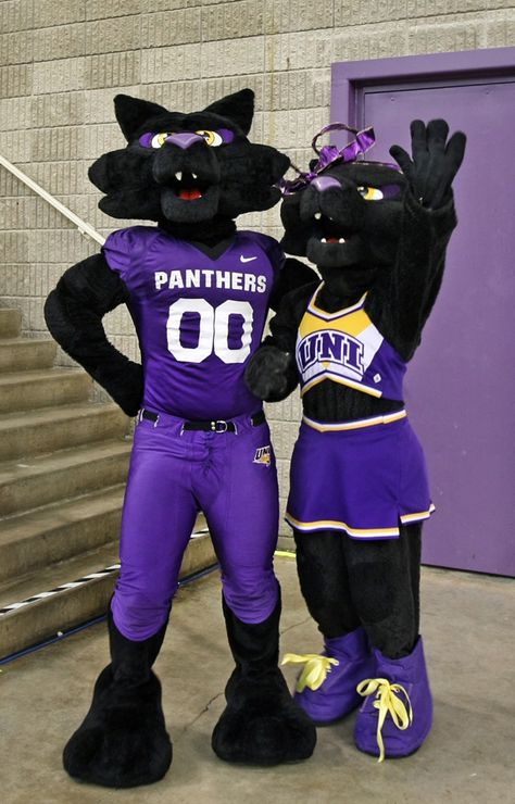 The two mascots of the University of Northern Iowa, TC (The Cat) and TK (The Kitten). Fashion Dress Design, University Of Northern Iowa, Normal School, Bulldog Mascot, Black Panthers, Street Marketing, Purple Outfits, Dance Teams, College Sports