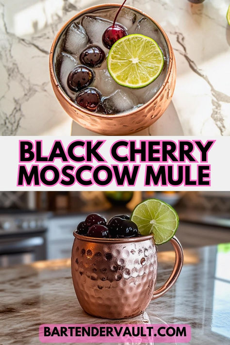 Photo of a Moscow Mule cocktail recipe called the Black Cherry Mule Recipe from two different angles. Cherry Mule Recipe, Cherry Mule Drink Recipes, Cranberry Moscow Mule Recipe Pitcher, Black Cherry Vodka Drinks, Italian Mule Cocktail, Cherry Moscow Mule, Cherry Cocktail Recipes, Cranberry Moscow Mule Recipe, Moscow Mule Variations