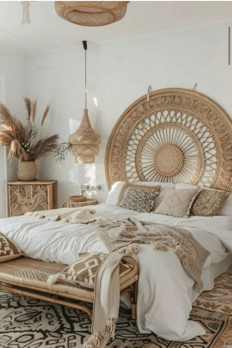 Boho Ideas Bedroom, Modern Boho Master Room Bedroom Ideas, Boho Bedroom Lighting Ideas, Affordable Bedroom Decor Ideas, Boho Wall Ideas, Bedroom Room Designs, Balinese Bedroom, White Boho Bedroom, Open Space Ideas