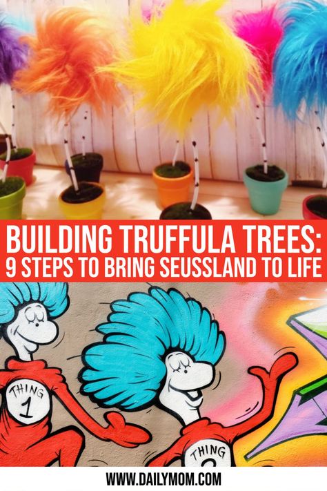 Lorax Trunk Or Treat Ideas, Dr Suess Trunk Or Treat Ideas For Cars, Seussville Decorations, Trunk Or Treat Dr Suess, Dr Seuss Week Decorations, Seussical Decorations, Dr Seuss Trees Diy, Trufulla Tree Craft, Lorax Party Decorations