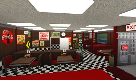 Retro Cafe Bloxburg, Bloxburg Restraunt Layout, Diner In Bloxburg, Bloxburg Retro Diner Decal Codes, Bloxburg Diner Decals, Bloxburg Retro Diner Layout, Roblox Builds, Bloxburg Diner, Bloxburg Business Ideas