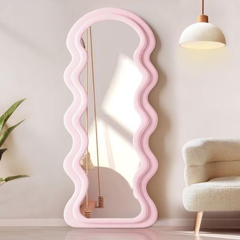 Squiggly Mirror, Squiggle Mirror, Wood Floor Mirror, Long Mirror, Wavy Mirror, Wooden Mirror Frame, Pink Room Decor, Full Body Mirror, Dekorasi Kamar Tidur