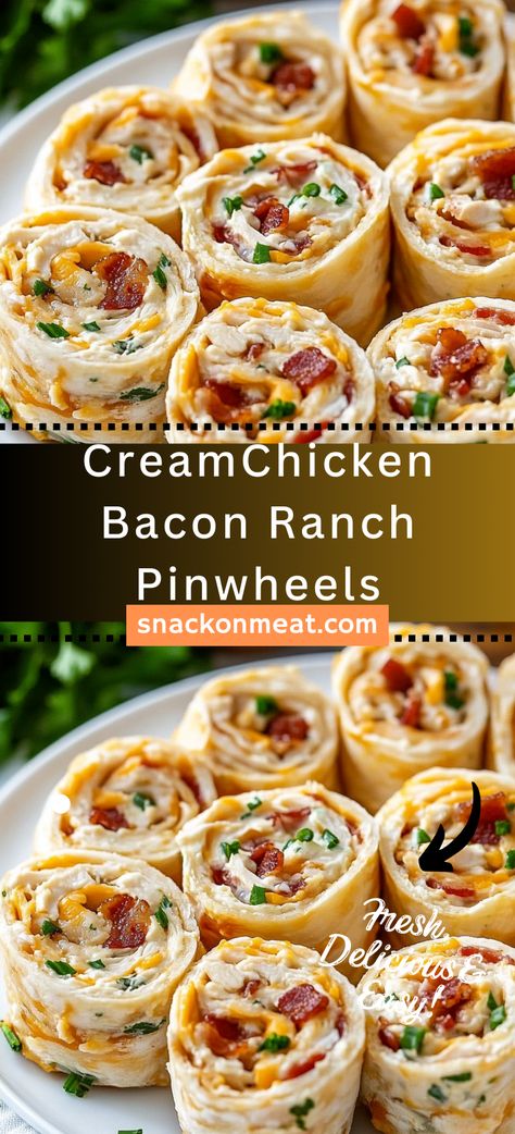 Chicken Bacon Ranch Pinwheels - Snack On Meat Bacon Cheese Pinwheels, Snacks For Supper, Mexican Chicken Pinwheels With Rotel, Easy Make Appetizers, Game Day Pinwheels, Chicken Bacon Ranch Pinwheels Roll Ups, Chicken And Cream Cheese Roll Ups, Easy Pickup Appetizers, Quick Snack Recipes Appetizers