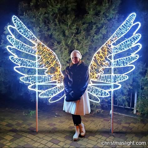 Christmas wings outdoor light decoration | iChristmasLight Commercial Christmas Lights, Outdoor Christmas Light Displays, Commercial Christmas Decorations, Christmas Lights Outdoor, Hanging Christmas Lights, Light Festival, Christmas Yard Art, Church Stage Design, Led Rope