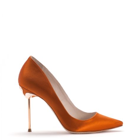 COCO £295.00  Burnt orange satin pump with rose gold flamingo pin heel. 100mm heel. http://www.sophiawebster.co.uk/product/view/2285 Orange Shoes Heels, Orange Heels, Orange Satin, Orange Shoes, Satin Pumps, Sophia Webster, Fashion Colours, Burnt Orange, Perfect Wedding