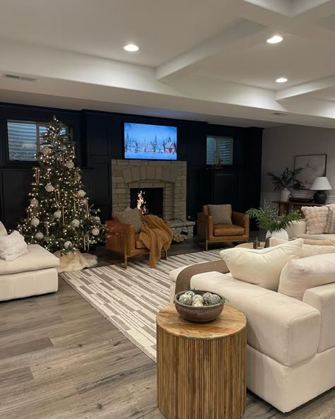 Vesna Tanasic on Instagram: "Basement views ✨ Comment BASEMENT for links! Our Basement is so cozy for the Holidays! I wanted to keep it neutral and minimal here, and love how it turned out! Our Christmas tree is incredible price for the size and my ornaments are only $3! Ps. My counter stools are @by_crea and you can use my code VESNA44 for a discount! You can customize them! #christmadecor #basementdesign #amazonchristmas #amazonhome #cozychristmas #christmashome #holidaydecorating" White Finished Basement, Farmhouse Basement Living Room, Basement Christmas Tree, Christmas Basement Decor, Basement Christmas Decor, Studio Mcgee Basement, Neutral Den, Cozy Basement Family Room, Basement Living Room Ideas