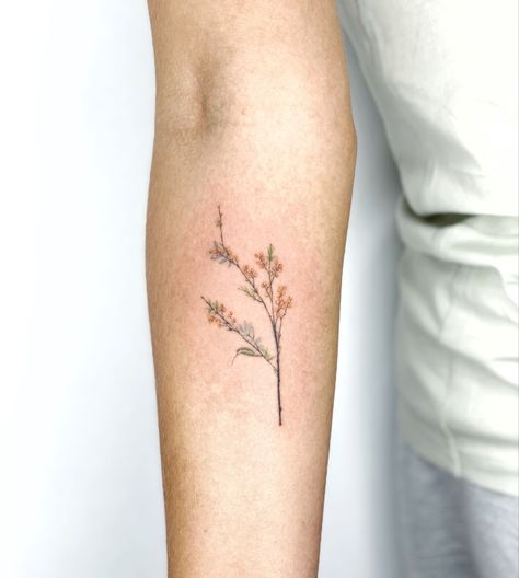 Apricot Branch Tattoo, Golden Rod Tattoo, Mimosa Flower Tattoo, Forsythia Tattoo, Goldenrod Tattoo, Yellow Tattoo, Goldenrod Flower, Best Tattoo Ever, Mimosa Flower