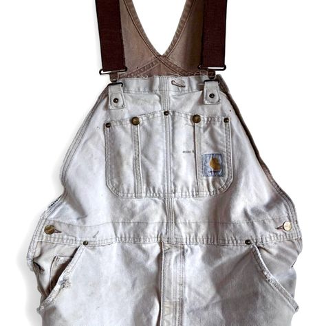 90s Carhartt Double Knee Bib Overalls Vintage Super Rare Sun Faded Tan To White 36 X 34 Cut Tag Carpenter Style Zipper Fly Brass Rivets Union Made In Usa Adjustable Straps Can Acommodate 38” Inseam As Well As Long Torso. Waist : 19.5” Inseam : 28” Rise : 12” Leg Opening : 10” Outseam : 59” Measured With Straps At Shortest Extra 6” With Straps At Longest 65” Total Can Fit Someone Up To 6’5” Tall #Workwear #Utility #Streetwear #Unisex #Detroit #Skater #80s #Y2k Utility Streetwear, 80s Y2k, Overalls Vintage, Carhartt Double Knee, Men's Overalls, Mens Overalls, Carhartt Jeans, Bib Overalls, Long Torso