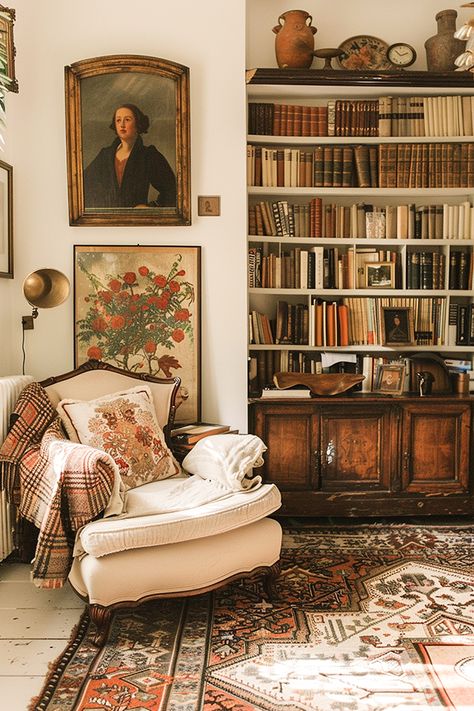 Light Academia Autumn Aesthetic, Elegant Rooms Interior Design, Elegant Academia Aesthetic, Rustic Academia Aesthetic, Light Academia Home Library, Light Academia Aesthetic Color Palette, Cozy Academia Living Room, Living Room Light Academia, Cozy Lived In Living Room