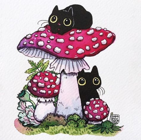 Black Cat Aesthetic, Mushroom Tattoos, Mixed Media Crafts, Witch Cat, Charm School, Goth Art, Cat Character, Mushroom Art, Flash Art