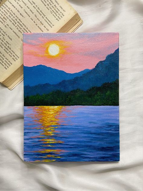 Painting Ideas On Canvas Mountains, Mountains Painting Easy, Lake Painting Easy, Easy Mountain Painting, Lake Acrylic Painting, Mountain Sunset Painting, Sunset Painting Easy, Sunset Canvas Painting, Sunset Painting Acrylic