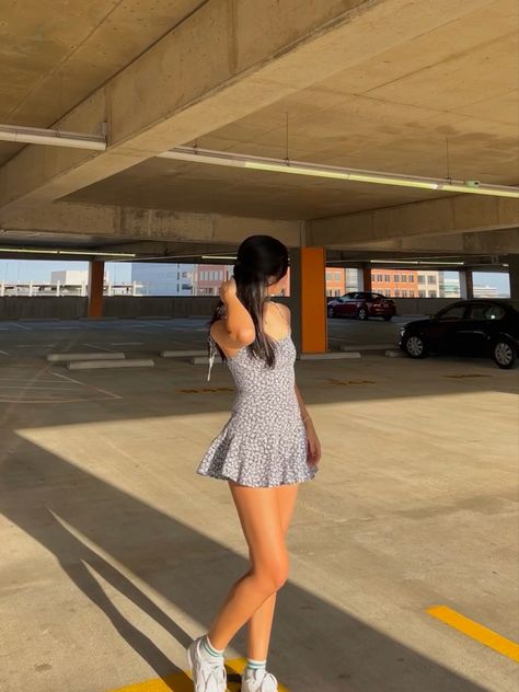 summer romper sneakers parking lot summer sun outfit Summer Sun Dress Aesthetic, Sun Dress And Sneakers Outfit, Spring Sundress Outfits, Sundress With Sneakers, Sundress And Sneakers, Romper And Sneakers, Sun Outfit, Dress And Sneakers Outfit, Sundress Outfit