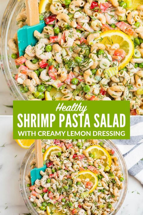 This Chilled Shrimp Pasta Salad comes together in minutes and is a crowd pleaser! Made with simple healthy ingredients, fresh vegetables, and a bright lemon dressing, it's the perfect side dish for potlucks and parties, but wholesome enough for a simple dinner. Everyone asks me for the recipe everywhere I bring it! #wellplated #pastasalad #shrimppasta #healthyrecipe Shrimp Pasta Healthy, Lemon Shrimp Pasta, Shrimp Pasta Salad, Potluck Side Dishes, Pasta Salad Dressing, Lost 100 Pounds, Hearty Salads, Potluck Dishes, Photo Food