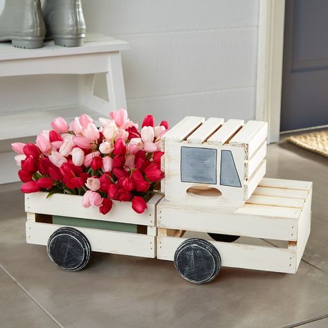 Front Porch Floral Pickup Truck Crate Crafts, Truck Crafts, Truck Storage, Wooden Truck, Lifted Chevy, Floral Ideas, Outdoor Decorations, Wood Crates, Dollar Tree Crafts